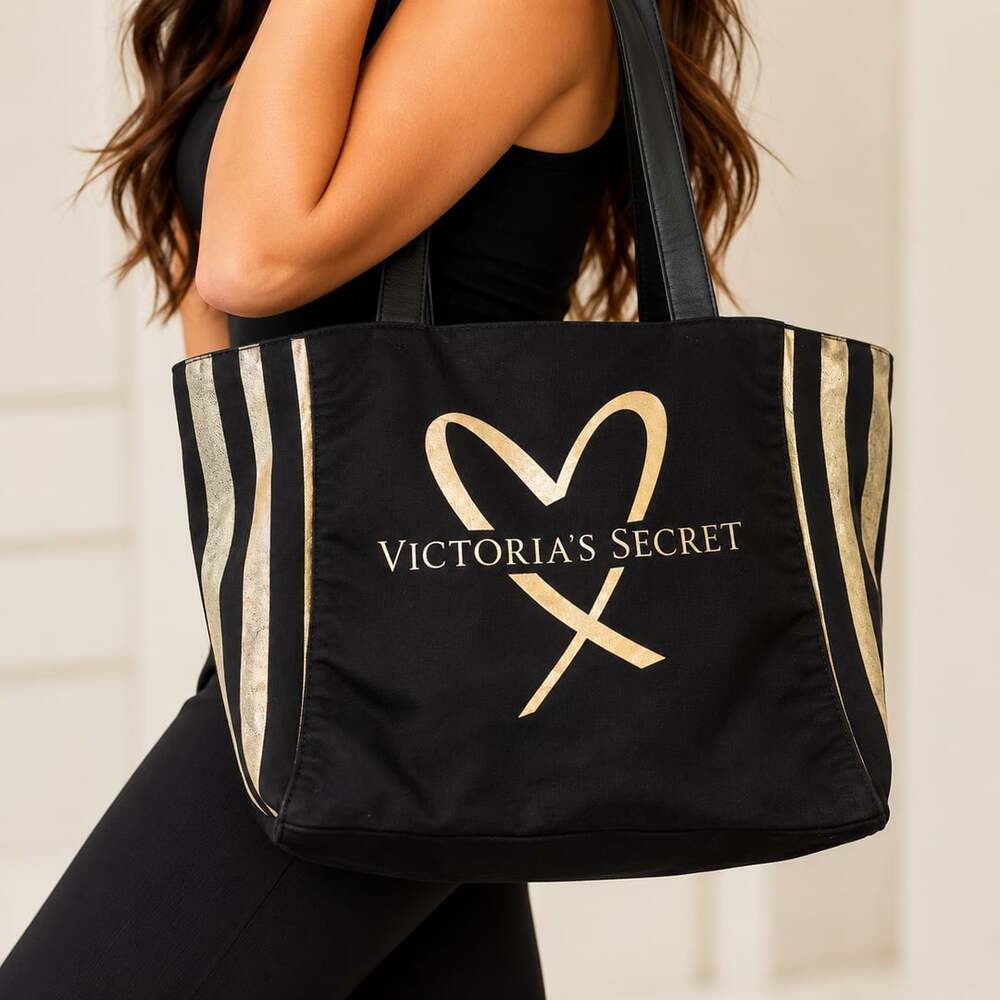 Vintage 2017 Victoria'S Secret Tote Bag Black Gold